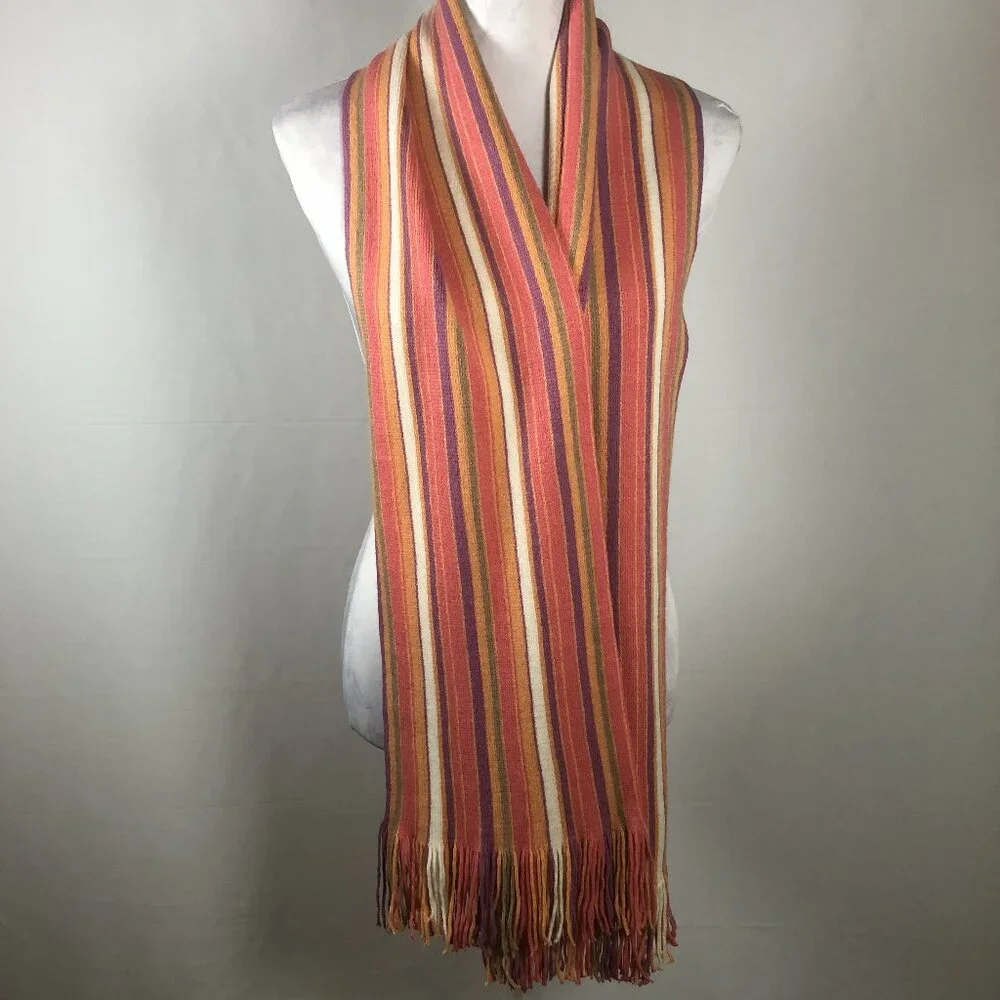 🌈 Vintage-Inspired Striped Fringe Scarf – Warm Autumn Tones – Oversized Wrap